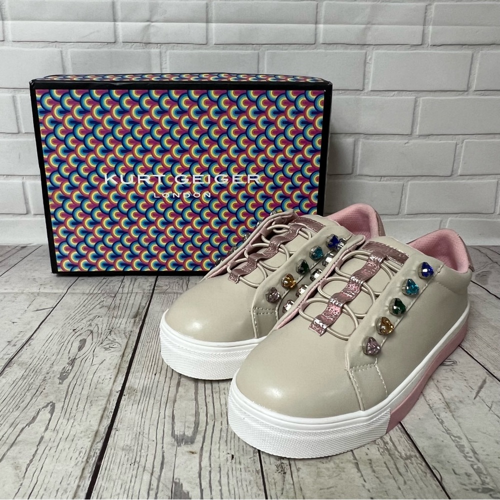 Kurt Geiger Mini Liviah Sz 4 Girl Beige Leather Multicolor Heart Crystal Accents